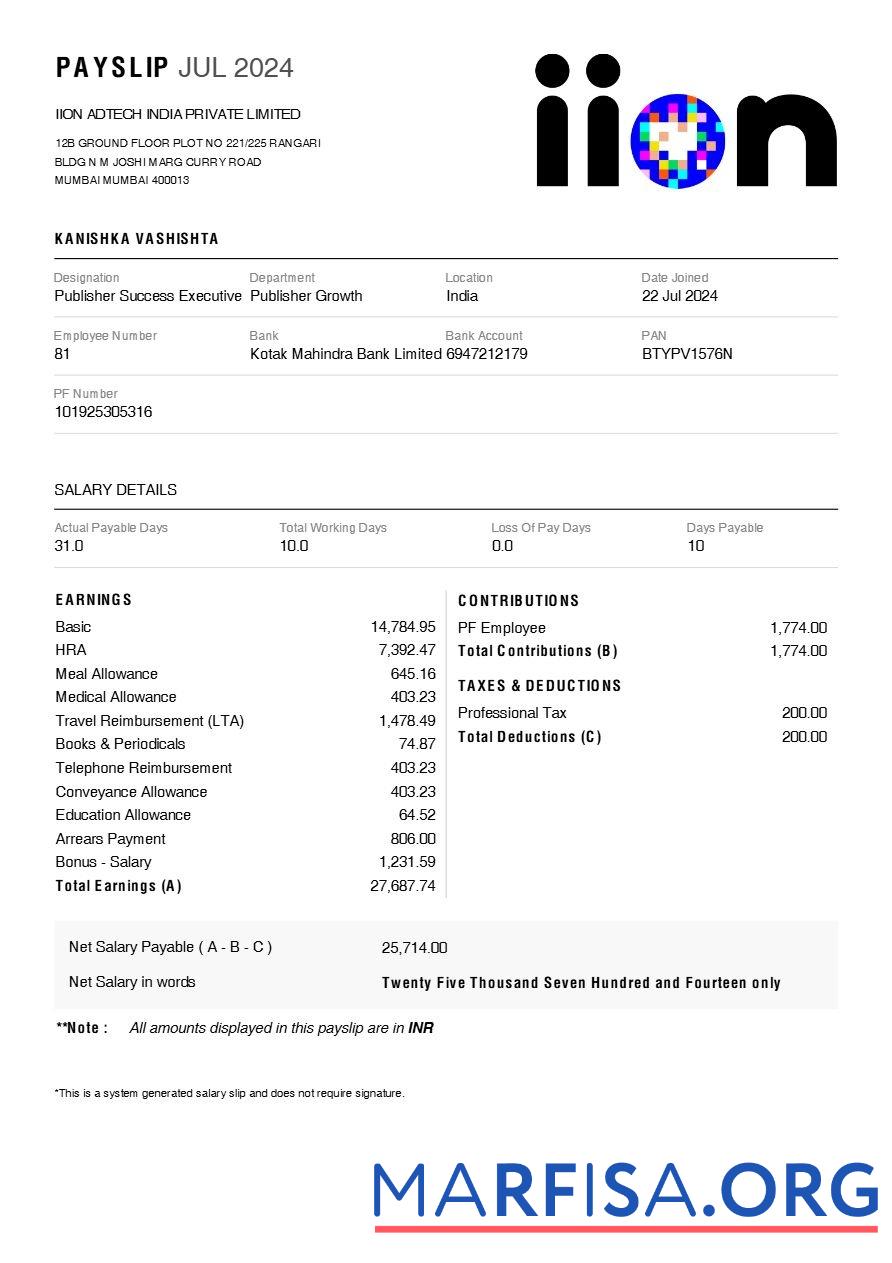 Downloadable IION Adtech India payslip download for verification
